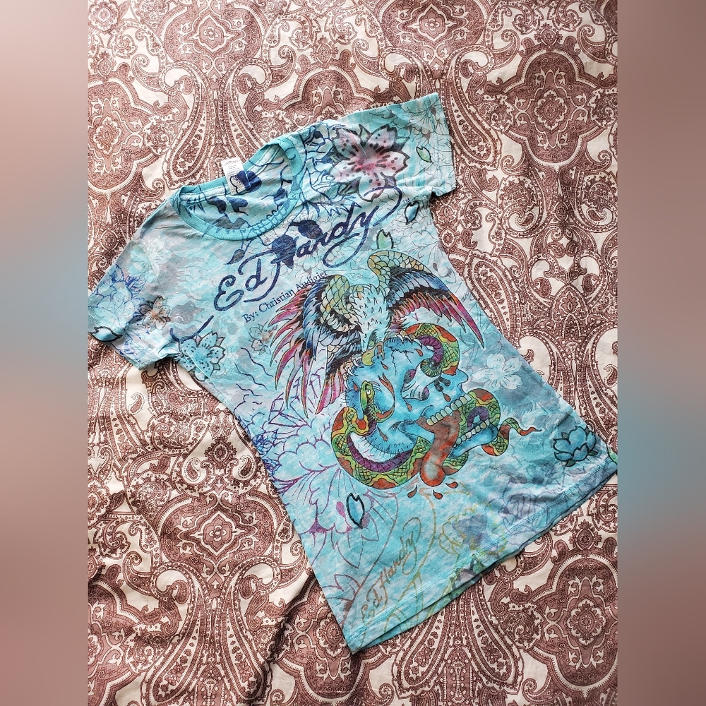 Ed Hardy Light Blue Floral & Snake Graphic Short Sleeve Tee